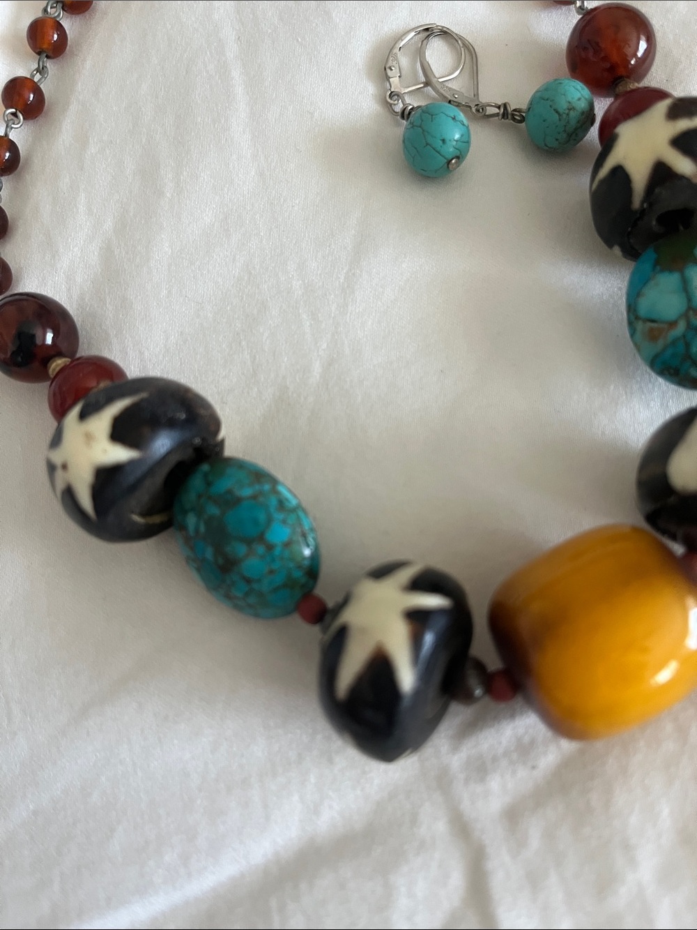 Boho Turquoise & Amber Statement Necklace with Star Beads made by Keren - Picture 4 of 4